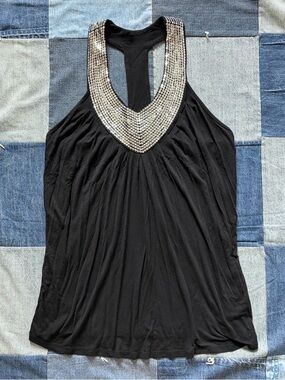 vtg y2k c. oliver sequined black silver tank top racerback glam size L
